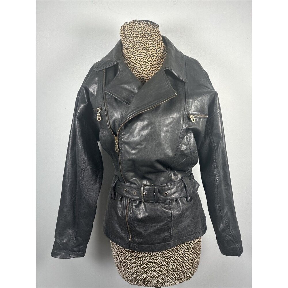 Boutique Europa Womens Leather Jacket Coat Black Moto‎ Biker Zip Belt 90s